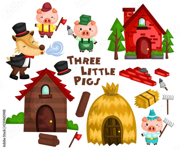 Fototapeta trzy małe świnki w zestawie wektorowym gotowym do użycia