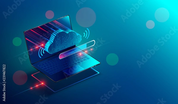 Fototapeta Izometryczny laptop lub notebook z ikoną lub symbolem technologii chmury. Postęp przesyłania i pobierania informacji o danych w chmurze sieci korporacyjnej i udostępnianie danych. Koncepcyjne transparent.