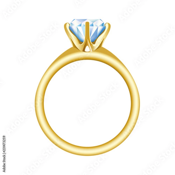 Obraz Golden engagement or wedding ring with a big, shiny diamond. Vector realistic illustration isolated on a white background.