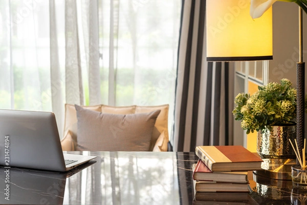 Obraz Home office and equipment for a comfortable and restful experience. Interior design.