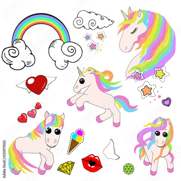 Fototapeta A set of icons of unicorns, stars, ice cream, rainbow, clouds with curls, lips in a kiss, ice cream in a horn and diamonds.