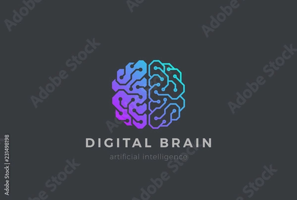 Obraz Wektor projektowania logo sztucznej inteligencji mózgu. AI Brainstorm