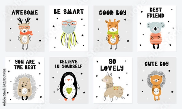 Fototapeta Vector poster collection with cartoon cute animal and funny slogan in scandinavian style for kids