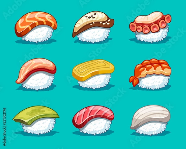 Fototapeta Vector kawaii set japanese food illustration for shop design.Sushi icons with tuna, salmon, eel, avocado, omelette, octopus, shrimp.