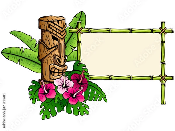 Fototapeta Colorful, detailed hawaiian banner with tiki statue
