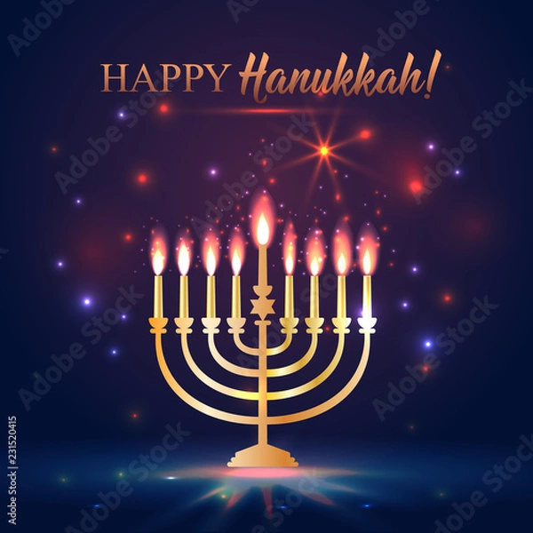 Obraz Happy Hanukkah Shining Background with Menorah, David Star and Bokeh Effect. illustration on dark.