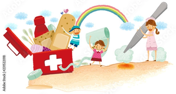 Fototapeta Pielęgniarka i dzieci korzystające z apteczki i środków pierwszej pomocy