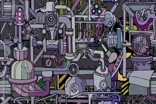 Fototapeta Vector seamless pattern with abstract industry or steampunk background. Fantasy technology or factory illustration with decorative machine sketch elements.  Hand drawn.