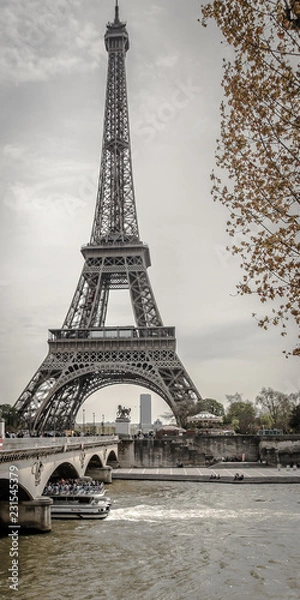 Fototapeta Eiffelturm mit Baum in Schwarz Weiß hochkant mit Wolken in Paris Frankreich