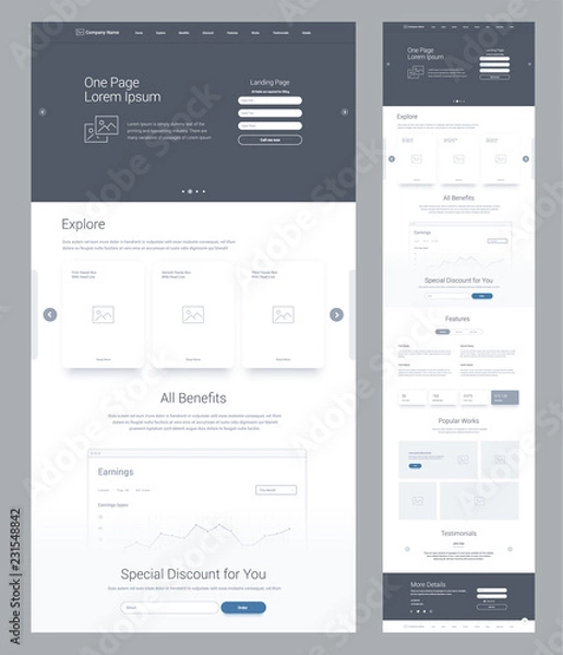 Obraz One page website design template for business. Landing page wireframe. Flat modern responsive design. Ux ui website: home, explore, benefits, earnings, discount, features, works, testimonials, details