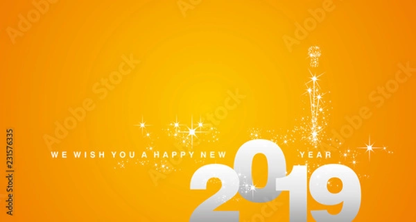 Fototapeta We wish you a Happy New Year 2019 silver orange yellow greeting card