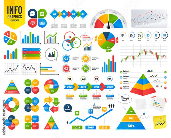 Obraz Business infographic template. Sale speech bubble icons. Buy now arrow symbols. Black friday gift box signs. Big sale shopping bag. Financial chart. Time counter. Vector
