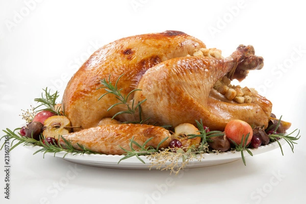Obraz Roasted Turkey with Grab Apples over white