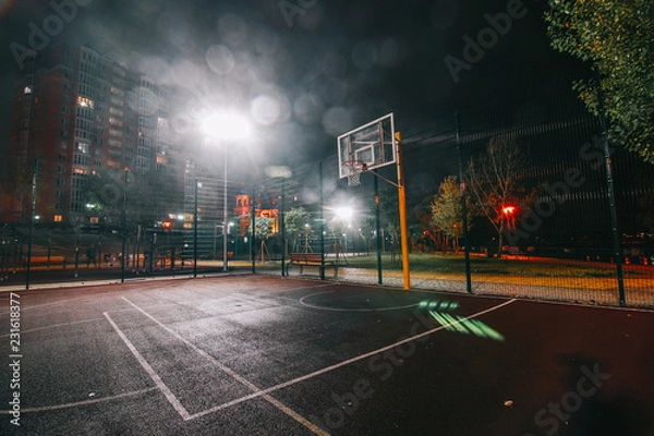 Obraz Illuminated basketball playground with red pavement, modern new basketball net and lens flares on background. 