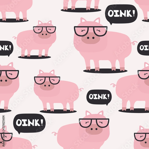 Obraz Happy pigs, hand drawn backdrop. Colorful seamless pattern with animals and text. Decorative cute wallpaper, good for printing. Overlapping background vector. Design illustration
