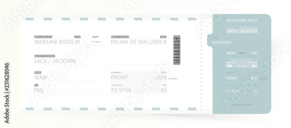 Fototapeta Airline Boarding Pass. Template ticket for traveling on plane for flight. Flat Vector illustration EPS10