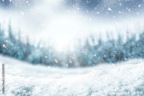 Fototapeta Snow background and tree. Winter backdrop with sunlight in morning time.