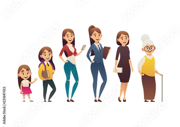 Fototapeta Character of woman in different ages generation people and stages growing up