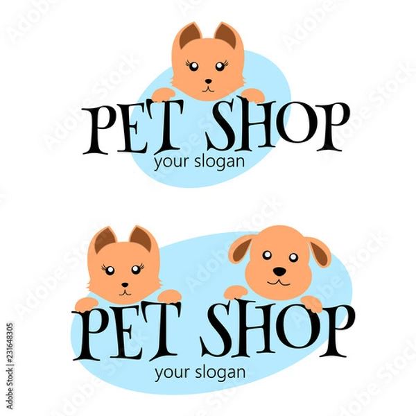 Fototapeta Vector logo design template for pet shops, veterinary clinics and animal shelters. Cartoon logo illustration. Vector logo template with cat and dog. Animal Care Logo.