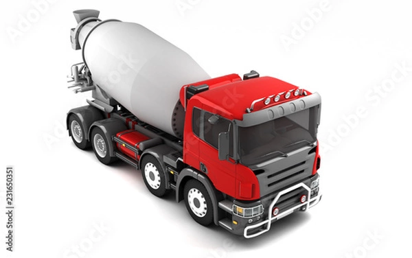 Fototapeta Front side view of concrete mixer truck isolated on white background. High angle view. Right side. Perspective. 3d illustration.