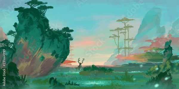 Fototapeta Malarstwo chińskich wód gór w stylu. SpitPaint. Grafika koncepcyjna. Szybkie rysunki. Szkicuj farbę. Realistyczny styl. Grafika cyfrowa CG gier wideo, ilustracja koncepcyjna, realistyczny projekt sceny w stylu kreskówki