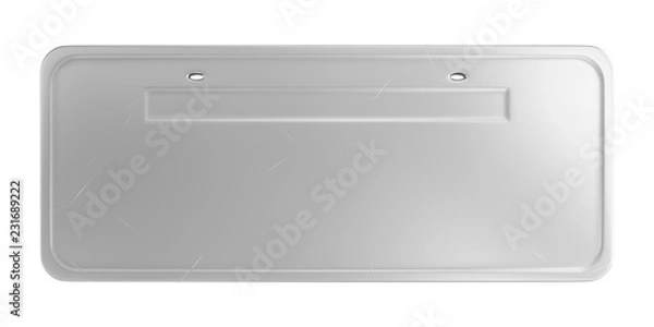 Fototapeta Empty steel car plate with scratches isolated on white background. 3D image.