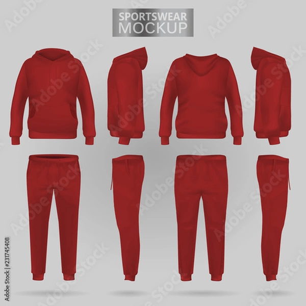 Fototapeta Mockup of the red sportswear hoodie and trousers in four dimensions: front, side and back view, realistic gradient mesh vector. Clothes for sport and urban style