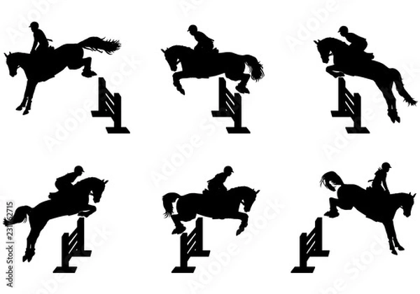 Fototapeta Set of silhouettes of riders jumping horse over an obstacle in competition or training