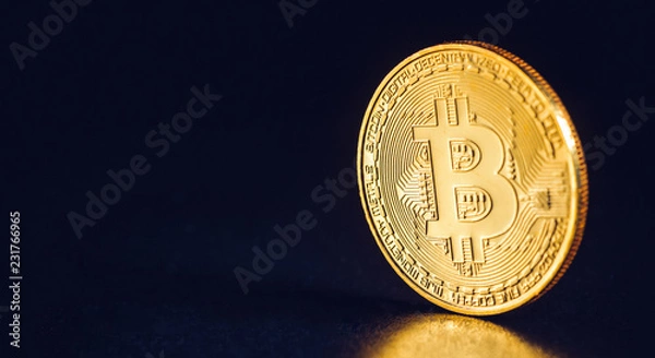 Fototapeta Bitcoin. Crypto currency Gold Bitcoin, BTC, Bit Coin. Macro shot of Bitcoin coins isolated on black background Blockchain technology,