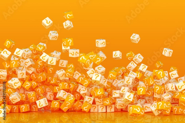 Fototapeta Many crumbling cubes with question marks on the sides 3d illustration