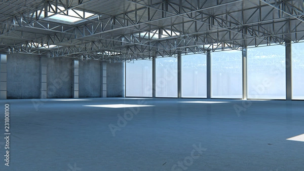 Obraz Empty warehouse. 3d illustration stone building with light
