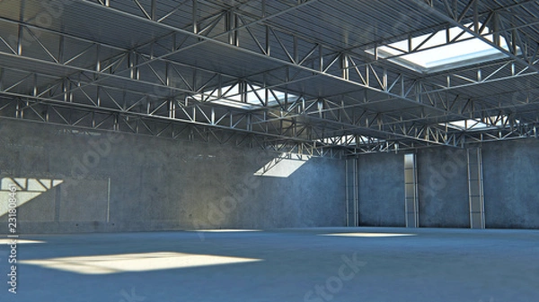 Obraz Empty warehouse. 3d illustration stone building with light