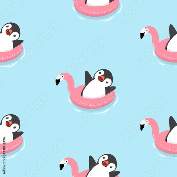Obraz Cute Penguin with flamingo float pattern