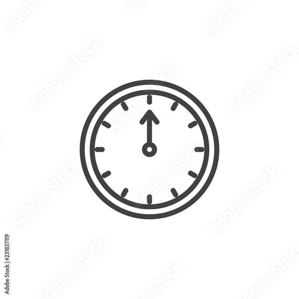 Fototapeta New year clock outline icon. linear style sign for mobile concept and web design. Wall clock pointing at 12 o'clock simple line vector icon. Symbol, logo illustration. Pixel perfect vector graphics