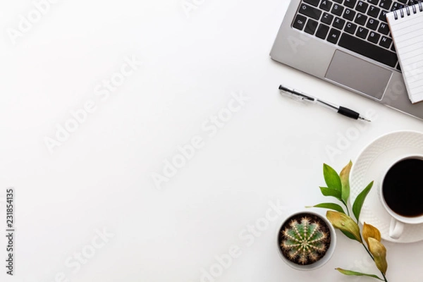 Fototapeta White desk copy space seen from above with a laptop keyboard, notebook, coffee, pen, cactus and green dried leaves