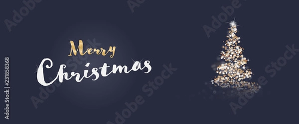 Fototapeta Christmas time. Christmas card with tree in festive colors. Text : Merry Christmas.