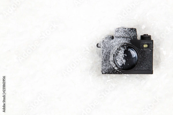Obraz Frozen photo camera on the white snow background. Winter photography / photoshot