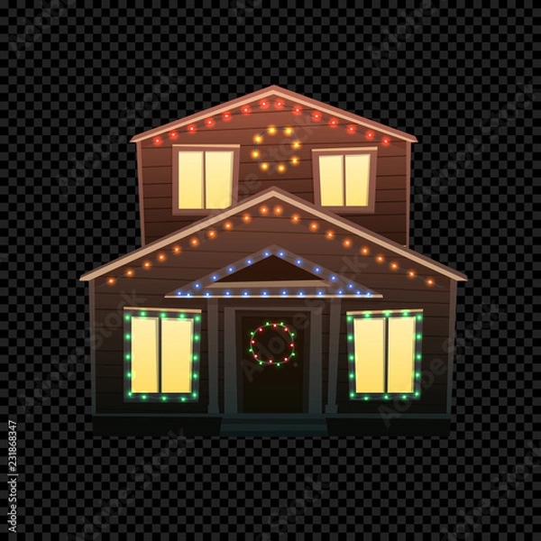 Fototapeta Vector Christmas House Isolated on Dark Transparent Background. Festive House with Bright Xmas Lights in Different Colors. Cartoon Illustration of Small Building. Front View.