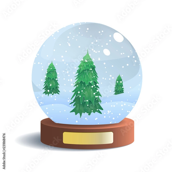Fototapeta Vector Snow Globe with Metal Badge Isolated on White Background. Vector Illustration of Glass Sphere with Shadow. Realistic Ball with Snow and Fir Trees Inside. New Year and Christmas Gift.