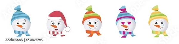 Obraz Set of Graphic Emoticons - snowmans. Collection of Emoji. Smile icons. Vector illustration on white background