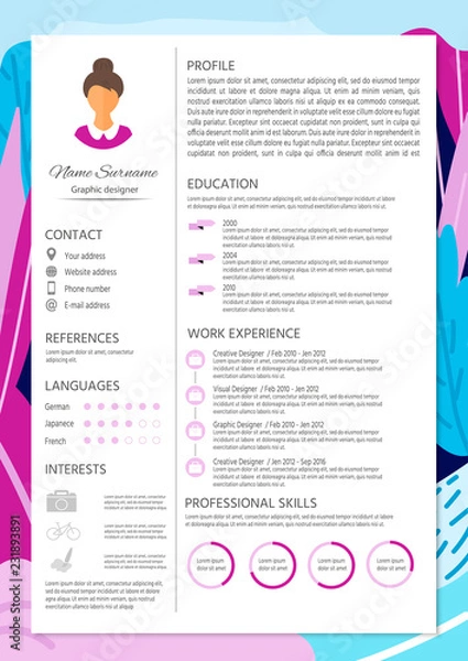 Fototapeta Feminine resume with infographic design. Stylish CV set for wome