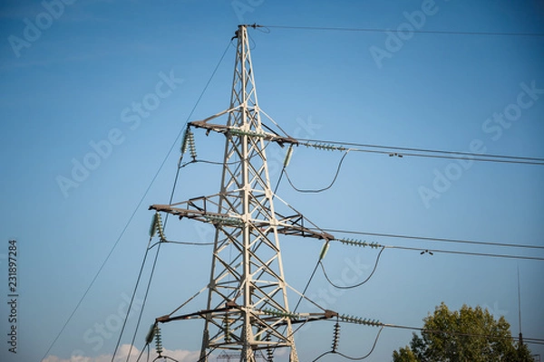 Fototapeta General view to high-voltage substation with switches and disconnectors