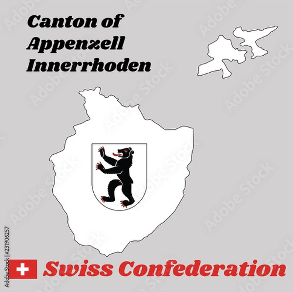 Fototapeta Map outline and Coat of arms of Appenzell innerrhoden, The canton of Switzerland with name text Canton of Appenzell innerrhoden and Swiss Confederation.