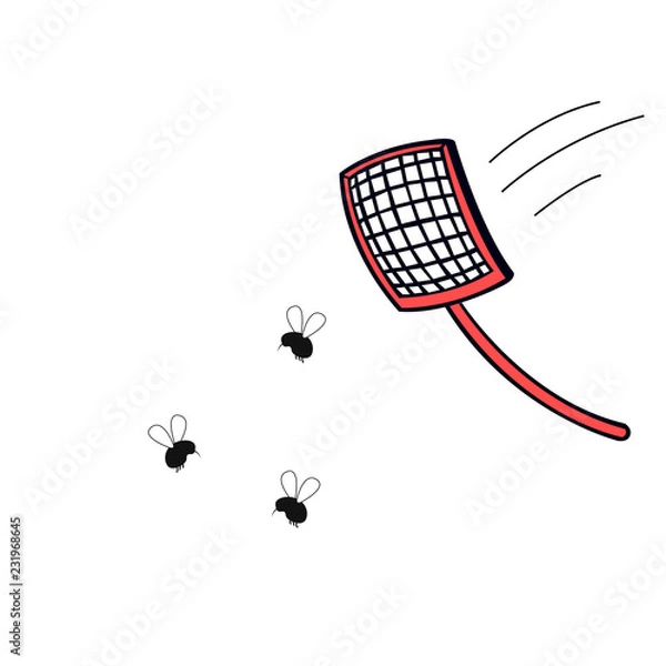 Fototapeta Fly swatter with mosquitos. Tool for destruction of insects at home. Red swatter. Flat vector illustration isolated on white background.