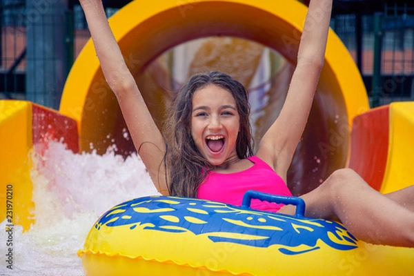 Obraz Cheerful girl with hands up having fun sliding in water park on inflatable ring
