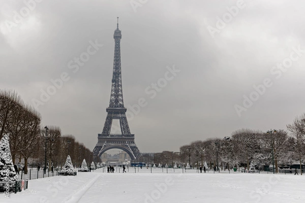 Fototapeta Paris, France - February 7, 2018: The wall for peace in the foreground with the eiffel tower under the snow in the background