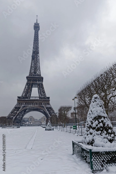Fototapeta Paris, France - February 7, 2018: Eiffel tower and champs de mars covered with snow