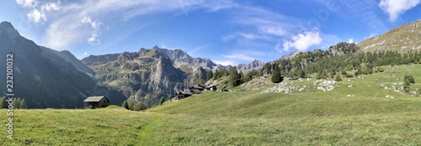 Fototapeta The Walser town of Follu, with wood and stone lodges, high mountains, forests and pastures, in summer, in Val d'Otro valley, Alps mountains, Italy