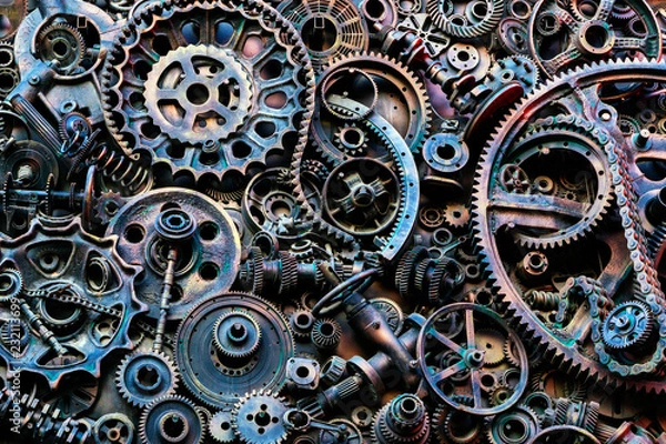 Fototapeta Steampunk texture, backgroung with mechanical parts, gear wheels