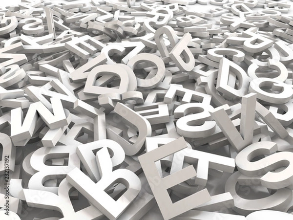 Fototapeta A jumbled pile of 3D illustrated white uppercase letters over a white background.  Great for typegraphy, education, design, or business applications.